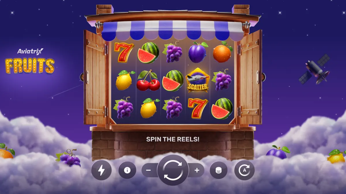 Tampilan visual permainan slot Aviatrix Fruits dengan elemen pesawat dan simbol buah.