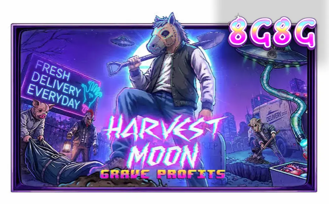 Tampilan visual slot Harvest Moon Grave Profits dengan tema horor fiksi ilmiah